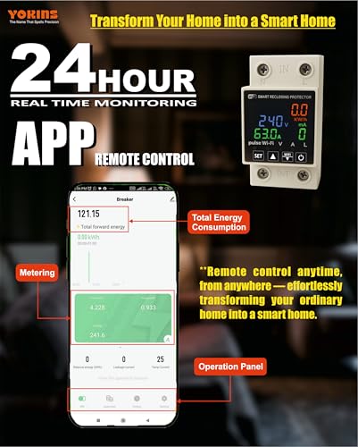 Image of YOKINS Smart Energy Meter 63A | WiFi Voltage, Current & Leakage Protector | Over /Under Voltage & Overload Protection | DIN Rail (YD-WiVA Meter With Weatherproof Mount)