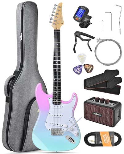 Leo Jaymz Beginner Electric Guitar 39 Kit with Portable Amplifier Padded Gig Bag Digital TunerCapoStrapPicksClassic SSS Pickups(Pink-Cyan Fade-SSS)