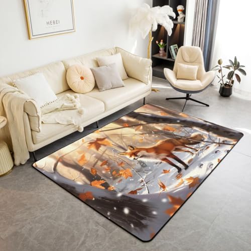 Manfei Winter Fox Kids Area Rug,Snowflake Wild Animal Jungle Indoor