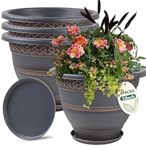 4 Pack 12 Inch Large Plant Pots, Plastic Flower Pot for Indoor & Outdoor with Drainage Holes & Saucer, Plaid Pattern Planters Garden Pots for Herbs Bronze