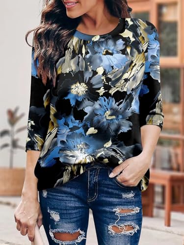 KISSMODA Tunic Tops for Women Loose Fit Dressy Round Neck Pleated 3/4 Length Sleeve Spring Tops