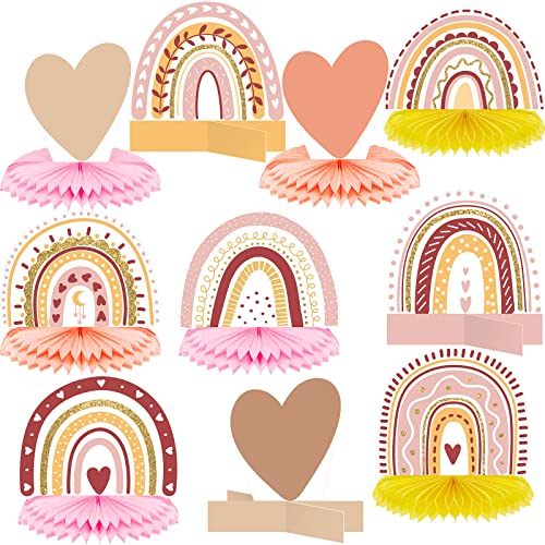 10 Pieces Rainbow Party Decorations Boho Rainbow Decor Rainbow Centerpieces for Tables Rainbow Honeycomb Paper Centerpiece Heart Honeycomb Party Rainbow Table Decorations for Birthday Baby Shower