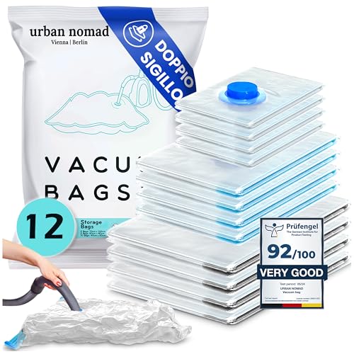 Sacchetti Sottovuoto Vestiti Set di 12 Pezzi - Sacchi Salvaspazio Stoccaggio per Aspirapolvere da Viaggio in 3 Formati | Buste Riutilizzabili Grandi Piccoli Robuste: Abiti Lenzuola Cuscini Coperte