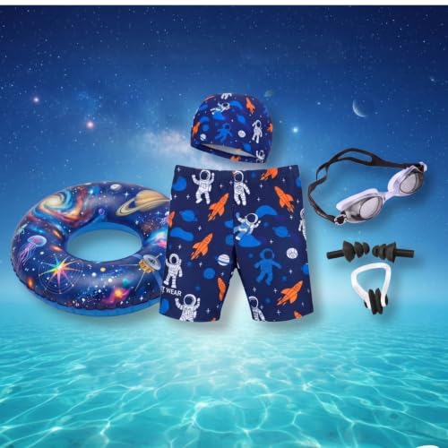 Image of Kids 6-in-1 Water Activity Kit with Trunks, Silicone Cap, Anti-Fog Goggles, Swim Tube, Nose Clip & Earplugs -Swim Set for Boys Pool, Beach