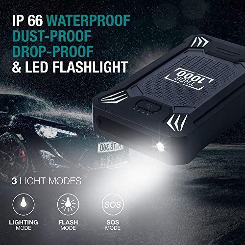 Car Battery Jump Starter Portable - 600A Peak Waterproof 12V Portable Battery Booster Pack (Up To 4.0L Gas Or 2.0L Diesel Engine) Safe Auto Power Bank With Usb Port, Smart Clamps & Led Flashlight #TOP4