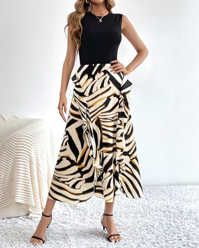 BTFBM Summer Dresses for Women 2026 Casual Spring Floral Sleeveless Ruffle Boho Cocktail Wedding Guest Party Midi Dress(Striped, X-Large) — view 2