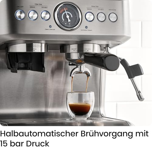 Chefman Crema Supreme 15 Bar Espressomaschine mit Milchaufschäumer, Barista Dampfstab, professionelle Kaffeemaschine mit Kaffeemühle, 30 Mahlgradeinstellungen, 3L abnehmbarer Wassertank - Edelstahl