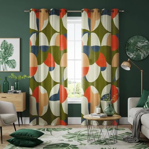 Rideaux géométriques vert olive 167x183cm pour salon rétro