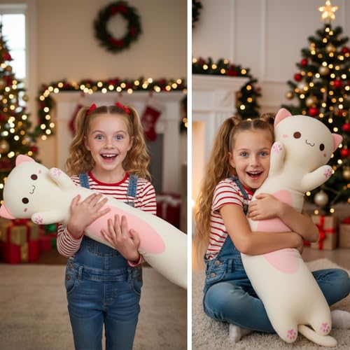 Image of Long Cat Plush Toy - Ultra Soft Cat Plush Pillow Stuffed Animal for Kids & Adults, Kawaii Kitty Body Pillow, Cute Plushie Gift for Kids Girlfriend (Cream, Round Eyes, 90cm /35.43inch)