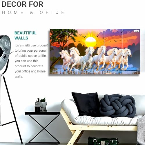 Image of 7 Horses Painting - 24 x 48 Inch 5 Piece Panel Wall Decor Painting | Seven Horse Vastu Wall Frame with Rising Sun | Sparkle Laminated Vinyl on 7mm MDF | For Living Room, Office & Bedroom