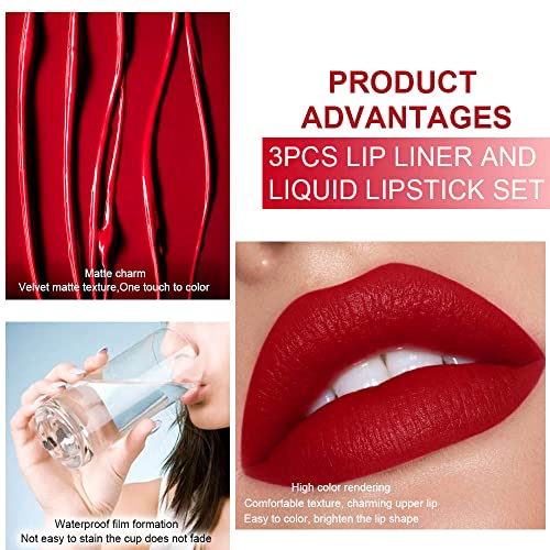 Image of evpct 3Pcs Dark Brown Ruby Deep Red Matte Lip Liner & Liquid Lipstick Stain Makeup Set for Women, Lip Liner Stain Long Lasting Waterproof Smudge Proof, Longwear Lips Stick Makeup 24 hours originale