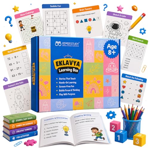 Image of SHASWATSTUDY 2-in-1 Eklavya Activity Box (Age 8) | Learning Box with Story Book + Activity Games + Affirmations + Sanskrit Shlokas + Crafts & Puzzles