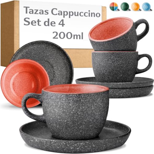 Cosumy Set De 4 Tazas De Capuchino - 200ml En Cerámica Con Platillos Juego De Café Moderno - Gres Grueso Con Esmalte Reactivo Hecho A Mano - Mantiene El Calor Por Más Tiempo Rojo