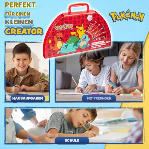 Pokemon Malkoffer Kinder Bastelset Malen Set mit Wasserfarben Filzstifte Buntstifte Wachsmalstifte Pikachu Geschenke für Kinder (Rot) – Ansicht 3
