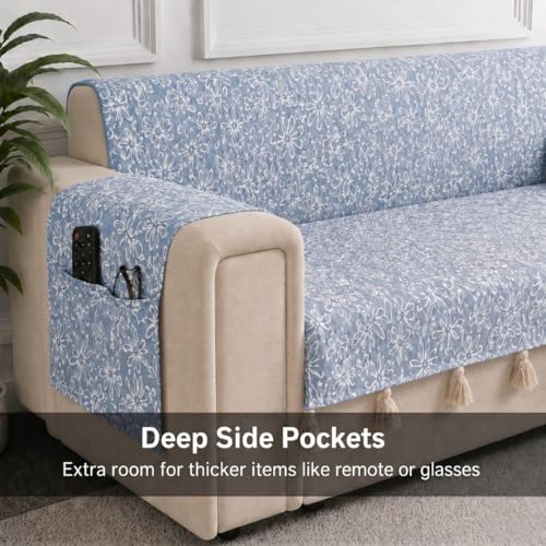 Image of STITCHNEST 'Verdant Phool Stories' 1 Seater Sofa Cover | Full Coverage with Armrest Pockets | Elegant Jacquard Fabric, Decorative Tassels, Washable & Durable for Modern Living