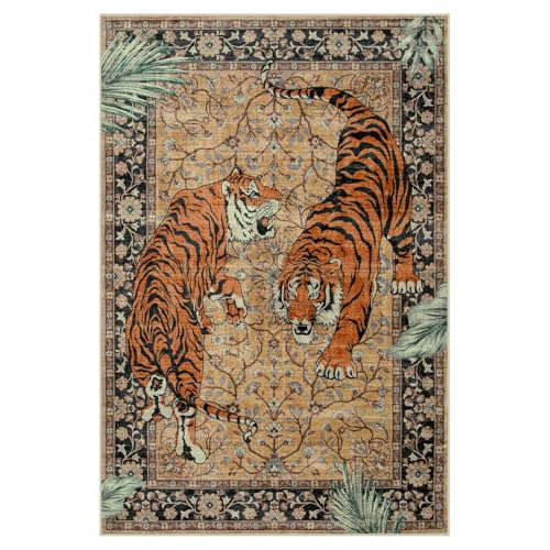 Moynesa Tiger 6x9 Rug, Washable Large Rugs for Living Room, Vintage Non Slip Boho Bedroom Area Rug, Ultra Thin Soft Indoor Floor Carpet for Dining Room Home Office, Camel