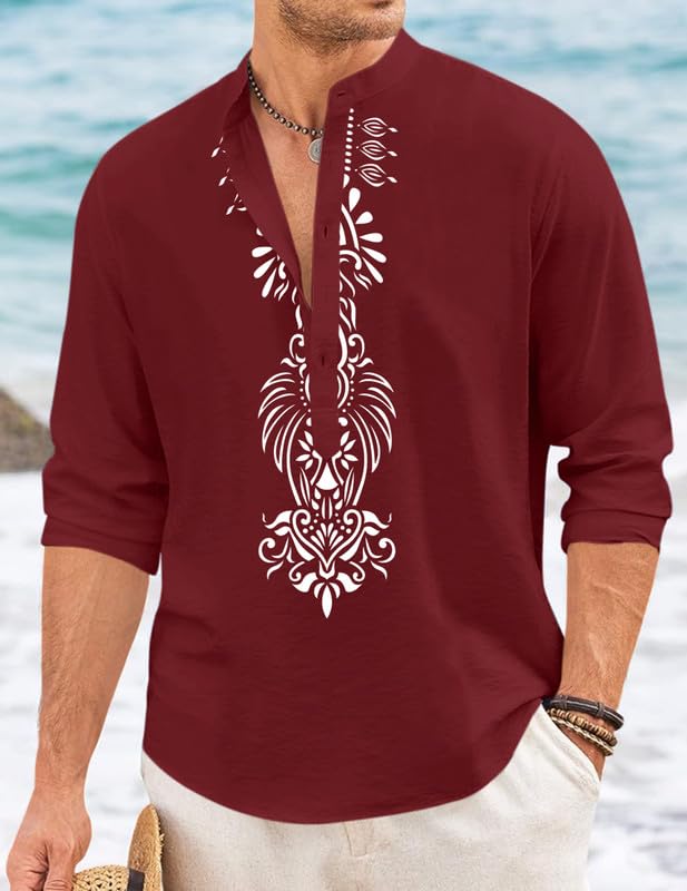 Image of FINIVO FASHION Men's Cotton Blend Short Kurta with Bold Printed Front Design | Full Sleeve Ethnic Casual Kurta with Mandarin Collar | Artistic Festival & Travel Wear for Modern Ethnic Style