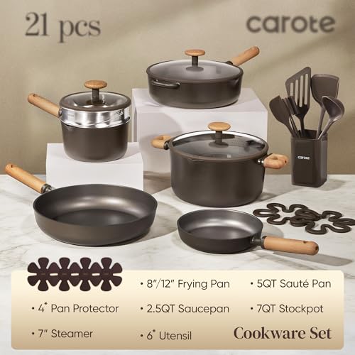 Image of CAROTE Pots and Pans Set Non Stick, 21PCS Cookware Set with Strainer Lid, Induction Cooking Set with Kitchen Utensils, Dark Green
