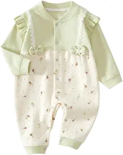 Babykoiベビー服長袖ロンパース春秋新生児カバーオール前開き赤ちゃん女の子出産準備贈り物蝶結び花柄グリーン6M