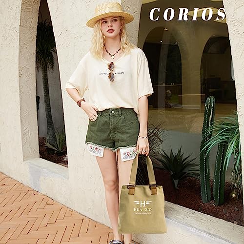 Image of CORIOS Canvas Handbag Women Tote Bag Large Capacity Shoulder Bag Multi-Pockets Top Handle Bag with Zipper Casual Hobo Bag