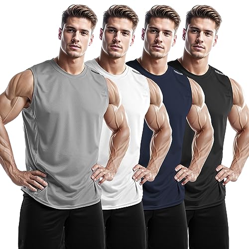 DRSKIN Men's 4, 3, 1 Pack Tank Tops Sleeveless Shirts Workout Athletic Muscle Mesh Dry Fit Gym Training Active Athletic