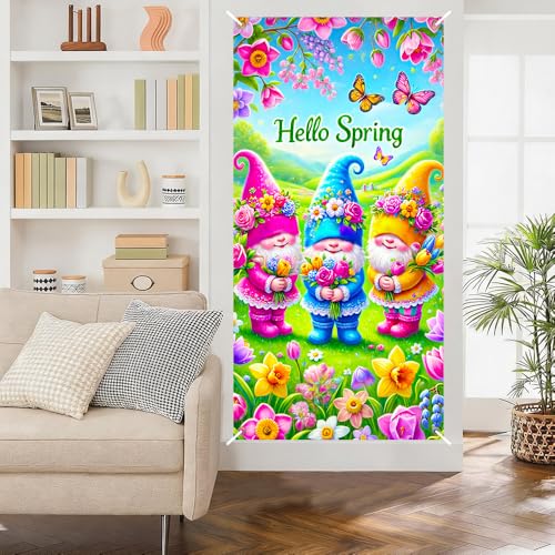 Image of Hello Spring Gnome Trio Door Cover 35x71in Butterfly