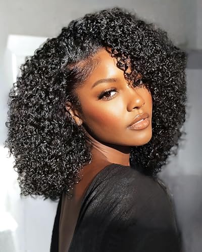 FACMOOD Kinky Curly Half Wig Human Hair 200% Density Wear and Go Glueless Wigs Human Hair Half Wigs with Drawstring 3 In 1 Flip Over Headband Wig for Women Beginner Friendly 16 inch