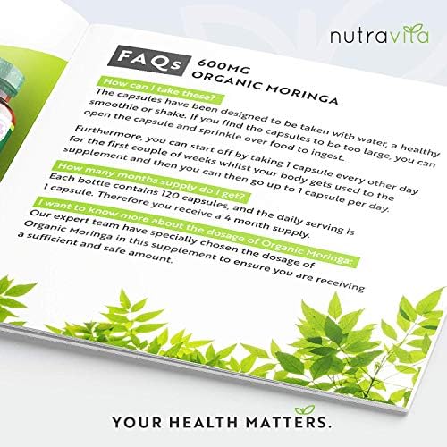 Organic Moringa 600mg per Capsule - Moringa Oleifera Leaf Supplement - 120 Vegan Capsules - 4 Month Supply - No Synthetic Binders or Fillers - Made in The UK by Nutravita
