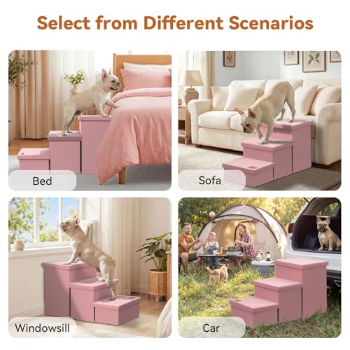 Image of Zerbuger Dog Stairs with Storage, Pink 3 Steps Dog Ramp no Condo for Bed | 18 inch H Small Dog Steps for High Beds Couch, Folding Storage Pet Stairs Gift for Climbing Small /Medium /Large Old Dogs Cats