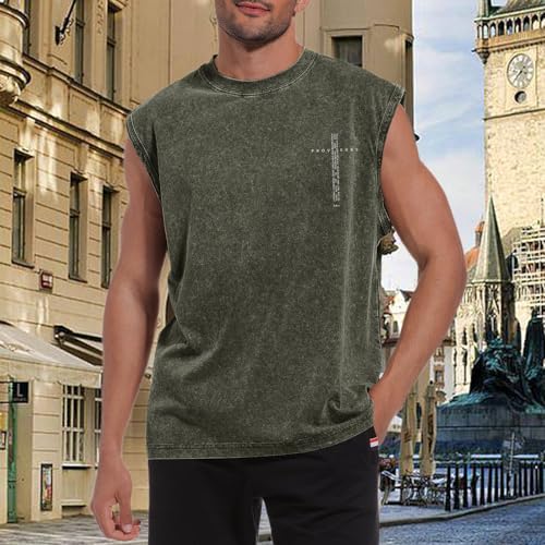 Image of Christian Gym Workout Tank Tops for Men Vintage Bible Verse Cross Graphic Sleeveless Muscle Shirts Acid Wash Tanks Top