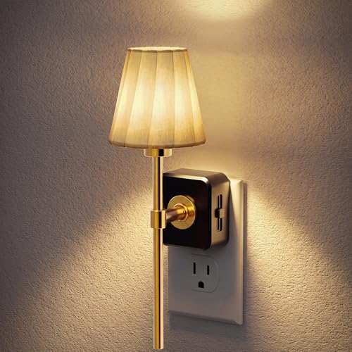 Image of JandCase Night Lights Plug into Wall, Vintage Nightlight with Dusk to Dawn Sensor, 0-100LM Dimmable, Pleated Fabric Beige Lamp for Living Room Bedroom Hallway