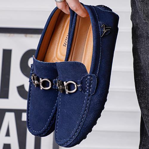 Men's Flat Loafers Suede Leather Driving Shoes with Metal Buckle Comfort Slip-On Moccasins Casual Boat Shoes4