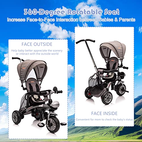 Luibas Baby Tricycle 6 in 1, Baby Trike with Removable Canopy Rotatable Seat, Toddler Bike with Rubber-Plastic Polymerized EVA Tire Adjustable Push Handle Safety Harness Storage Pouch Basket, Gray