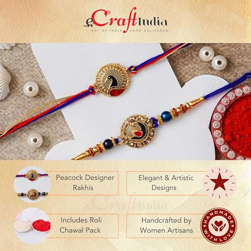 Image of eCraftIndia Set of 2 Light Blue Golden Premium Designer Rakhi for Brother Bhaiya Bhai | Roli Chawal Pack | Rakhi Combo