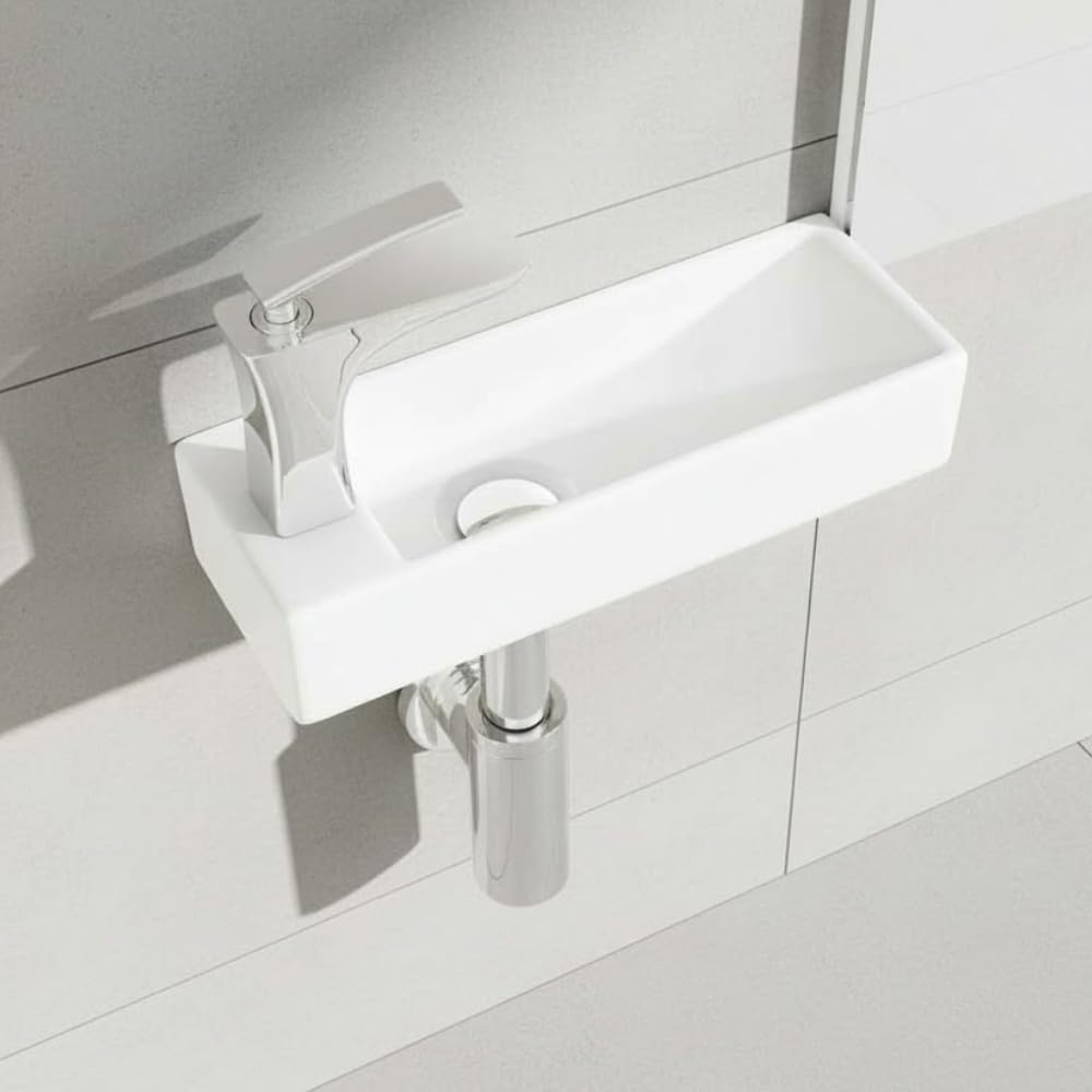 Durovin Bathrooms Mini Ceramic Sink 380 x 140 x 80mm (WxDxH) - Wall Hung Mount - Ultra Slim Rectangular Cloakroom Hand Washing Basin - One Left Hand Tap Hole