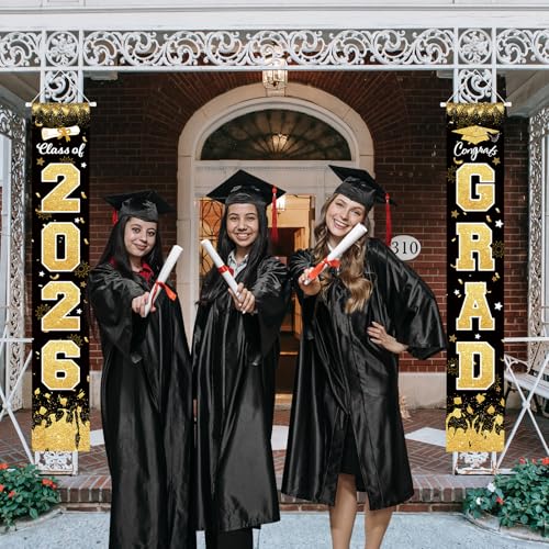 Image of 2026 Graduation Porch Sign Banner Black Gold | Class of 2026 Congrats Grad Porch Sign Banner Hanging Flag Graduation Party Decorations for School College Classroom Decor