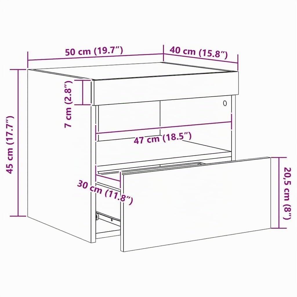 vidaXL Table de Chevet avec Lumières LED, Armoire de Lit avec Rangement, Table de Nuit, Armoire de Nuit, Moderne, Chêne Sonoma Bois d'Ingénierie