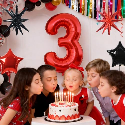 Image of TONIFUL 3rd Birthday Balloons Kit 40 Inch Red Large Number 3 Foil Balloon | with 18Inch Helium Mylar Heart Star Balloons for Kids Women Men Birthday Anniversary Graduation New Year Eve Party Decoration