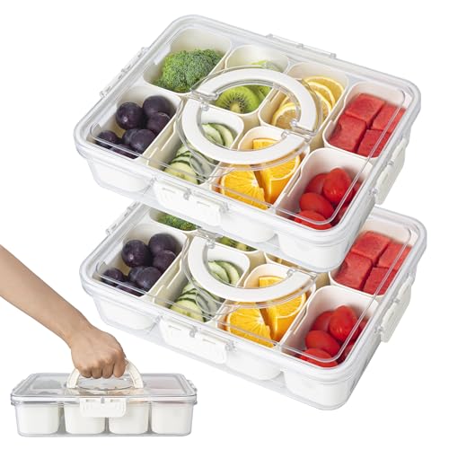 FEIOOD Divided Serving Tray with Lid and Handle, Snackle Box Snack Containers Organizer for Food Pans Charcuterie Sandwich Station Veggi Fruit Vegetable Candy Food Storage for Travel Beach