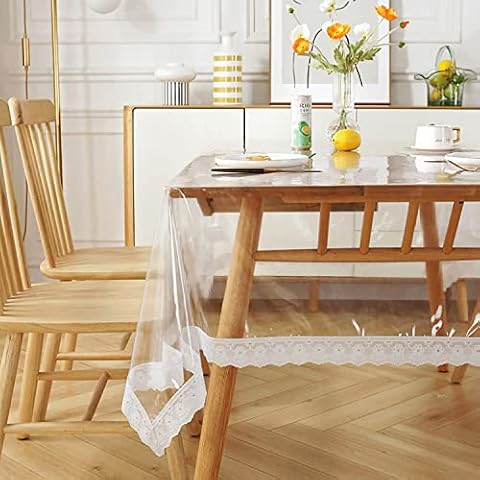PVC Transparent Tablecloth, Table Protector Heavy Duty Kitchen Table Cover ,White Lace Crystal Clear PVC Tablecloth Protector 1.5mm Thick 150*190cm Cover