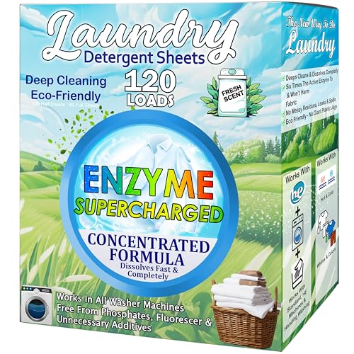 Laundry Detergent Sheets (120 Loads) Eco-Friendly, Hypoallergenic, & Enzyme-Based Powerful Stain Removal - Convenient for Travel & Space-Saving - Fresh Scent (Fresh Scent)
