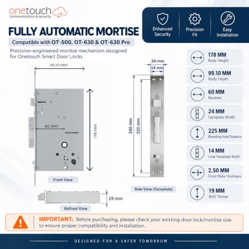 Image of ONETOUCH Smart Face Recognition Digital Door Lock OT630 (BLE) | Fingerprint | RFID | PIN | OTP | Bluetooth Bridge | Free Installation | Mortise SS304 | Electroplated Finish, Black