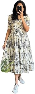 Women's Floral Printed Tiered Midi Dress, Cream and Black, Puff Sleeves, Casual Wear Price In India