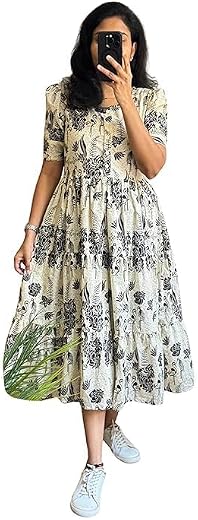 Women's Floral Printed Tiered Midi Dress, Cream and Black, Puff Sleeves, Casual Wear