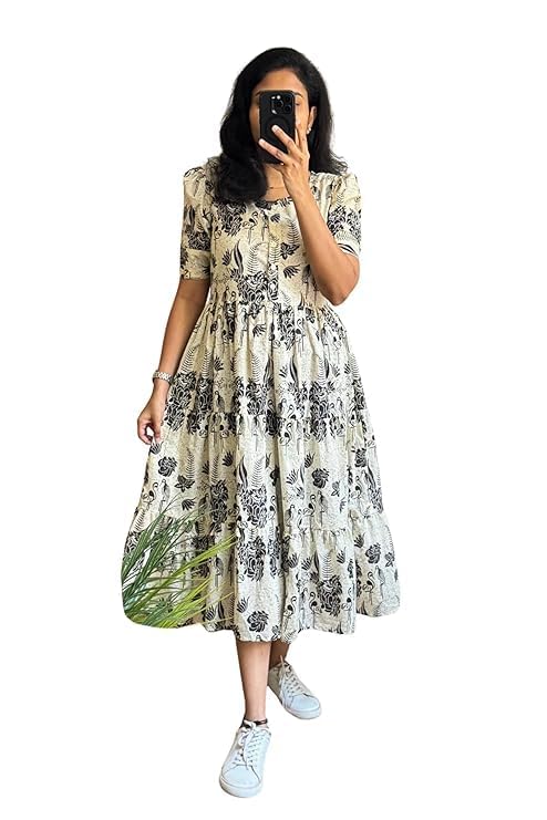 Women's Floral Printed Tiered Midi Dress, Cream and Black, Puff Sleeves, Casual Wear - Review, Price and Buying Guide