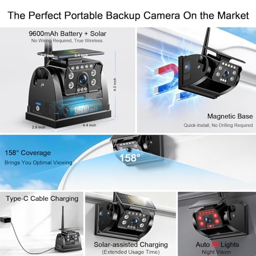 Image of Fookoo Dual HD Magnetic Solar Wireless Backup Cameras: 7 inch Monitor w /BSD