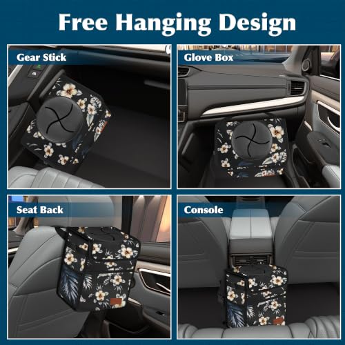 Image of Femuar Leak Proof Car Trash Can with Lid, Collapsible Hanging Waterproof Car Trash Bag with Mesh Pocket for SUV Front Seat Headrest, Hibiscus Flower