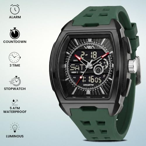 Image of V2A Impact 50mm Analog Digital Watch for Men | Tonneau Sports Case Design | Alarm Stopwatch Countdown Dual Time | TPU Strap | 50M Water Resistant | Gift for Men
