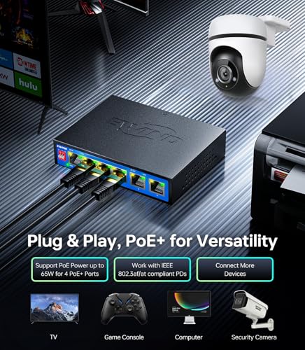 Image of EWIND 2025 Upgraded 6 Port Gigabit PoE Switch, 4 PoE+ Ports @65W + 2 Gigabit Uplink, Lifetime Protection, Plug & Play Unmanaged Ethernet Switch, Extend /Auto Recovery /VLAN Mode, Desktop or Wall Mount