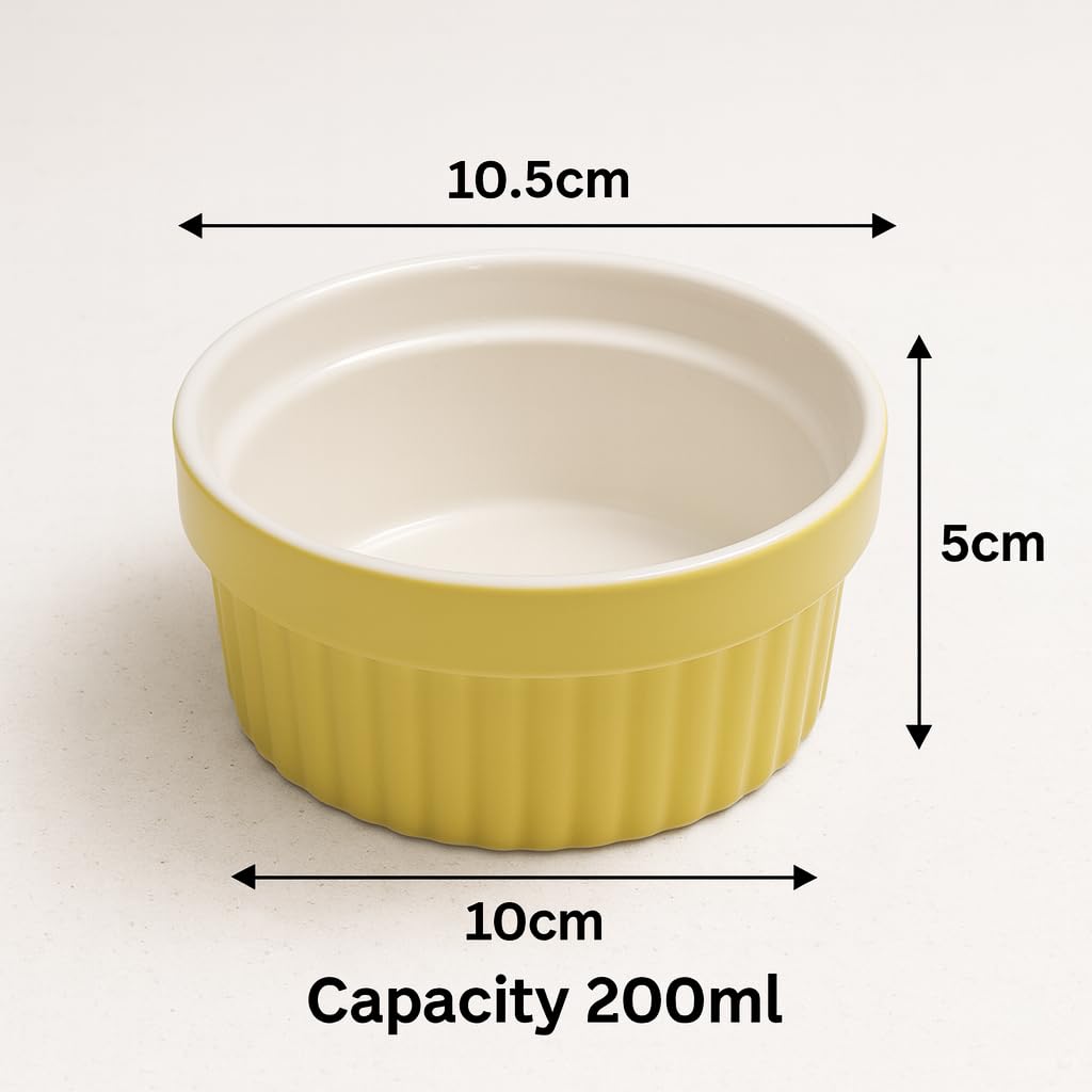 Bamby Ceramic Yellow And White Ramekin Bowl 200 ml Set of 6, Microwave & Dishwasher Safe, for Baking and Serving Cupcake, Souffle, Pudding and Dessert 2